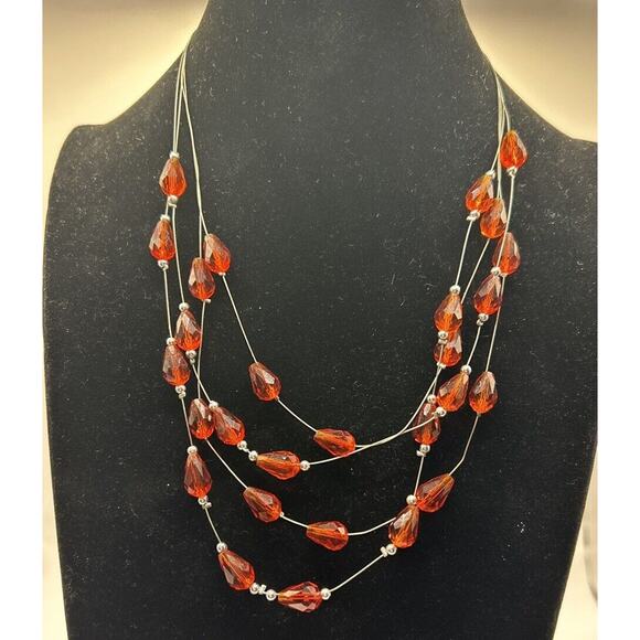 Vintage Multi Strand Red Beaded Silver Tone Necklace Jewerly Costume Fashion - Picture 2 of 7